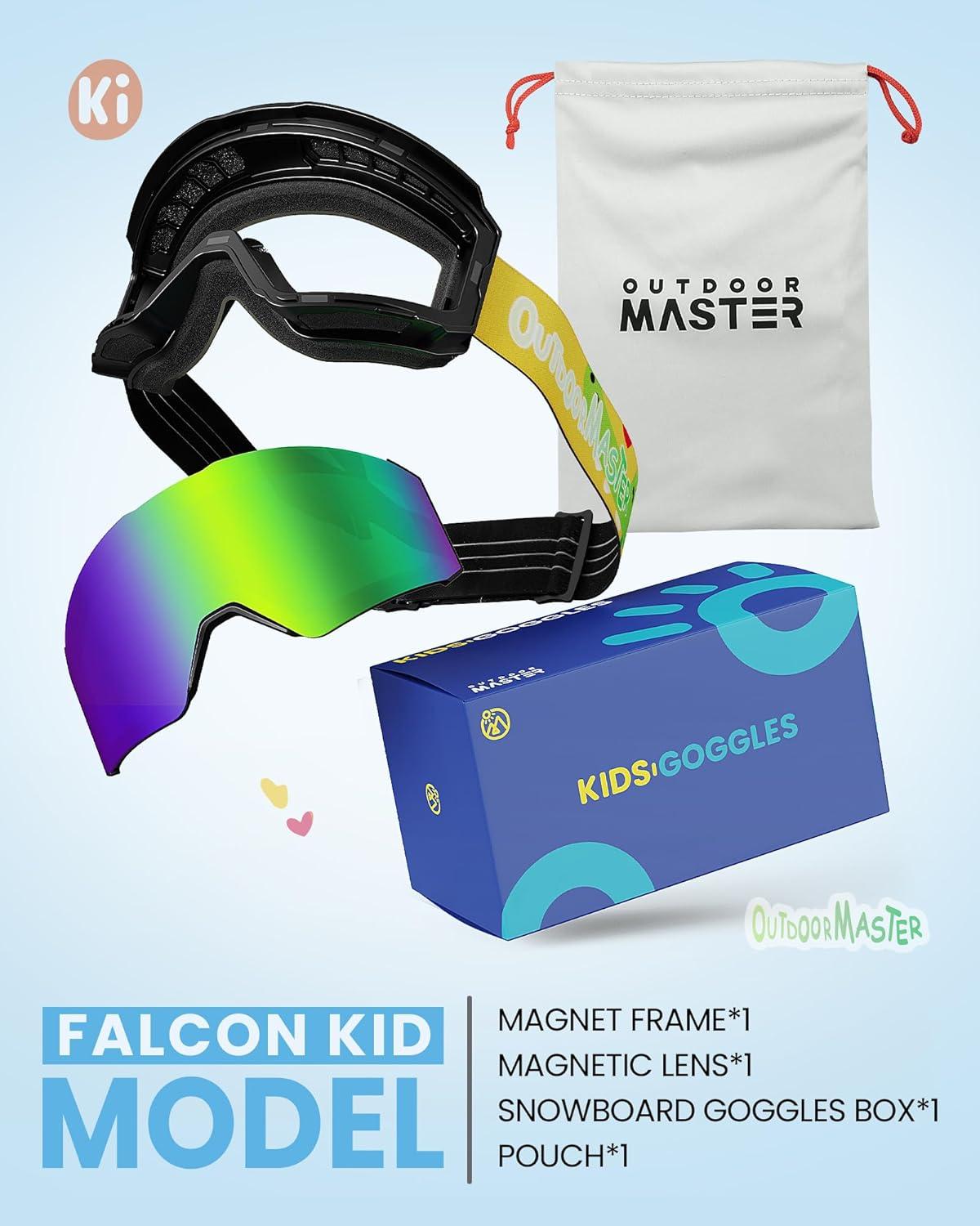 imageOutdoorMaster Falcon Kids Ski GogglesMagnetic Interchangeable Lens Anti Fog UV Protection OTG Snowboard Goggles for YouthA1vlt 17 Grey Lens With Revo Greendinosaur Strap