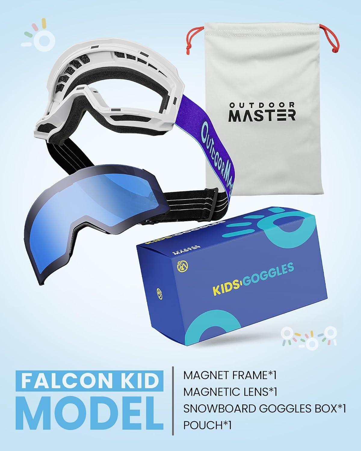 imageOutdoorMaster Falcon Kids Ski GogglesMagnetic Interchangeable Lens Anti Fog UV Protection OTG Snowboard Goggles for YouthA1vlt 28 Dark Blue Lenssun Strap