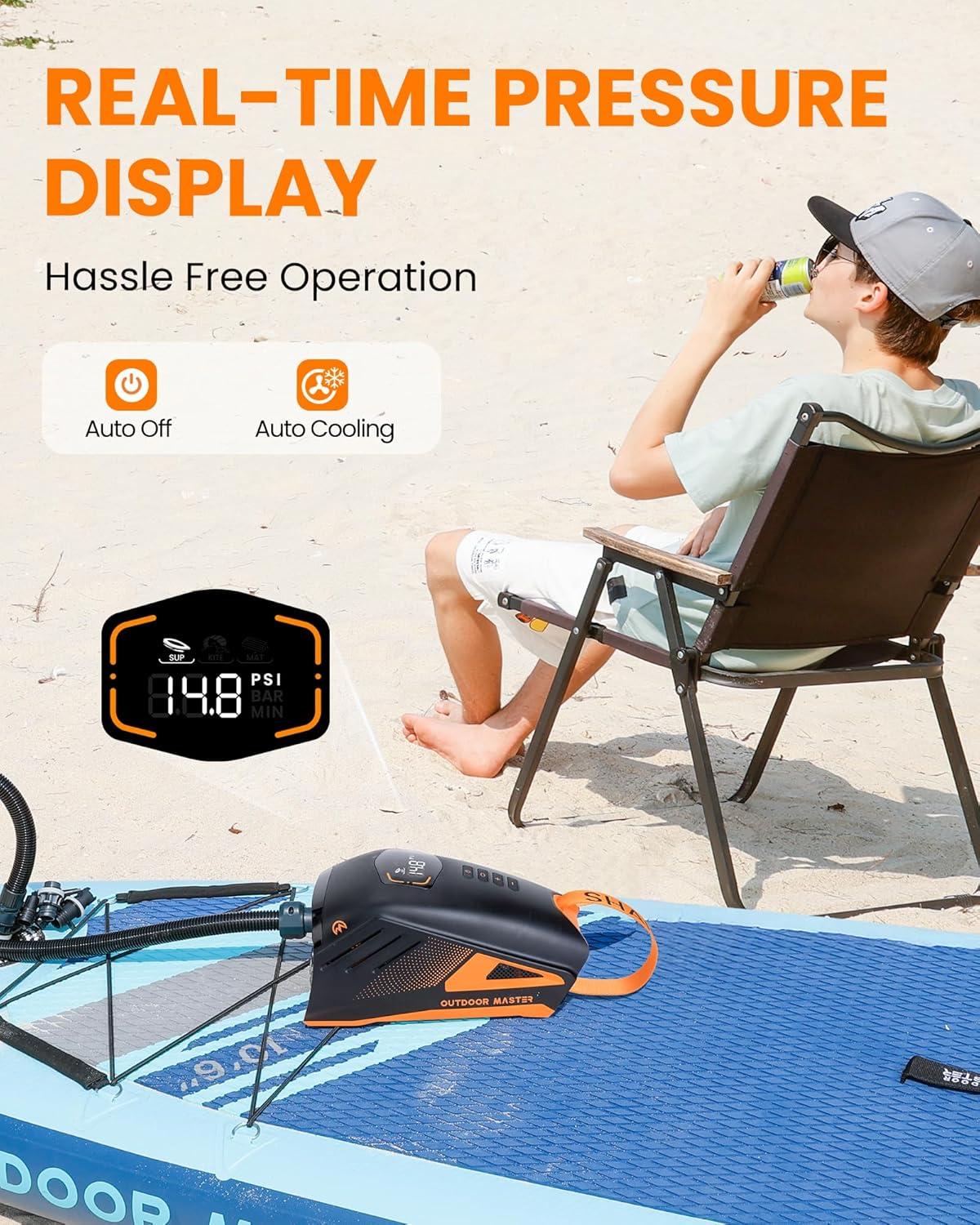 imageOutdoorMaster Shark 3 Paddle Board Pump Electric 350quot Fast Inflation 20PSI 74Wh Rechargeable SUP Air Pump AutoOff ampamp Deflation 12V158V DC ampamp TypeC Input 8 Nozzles for Inflatables BoatsKites