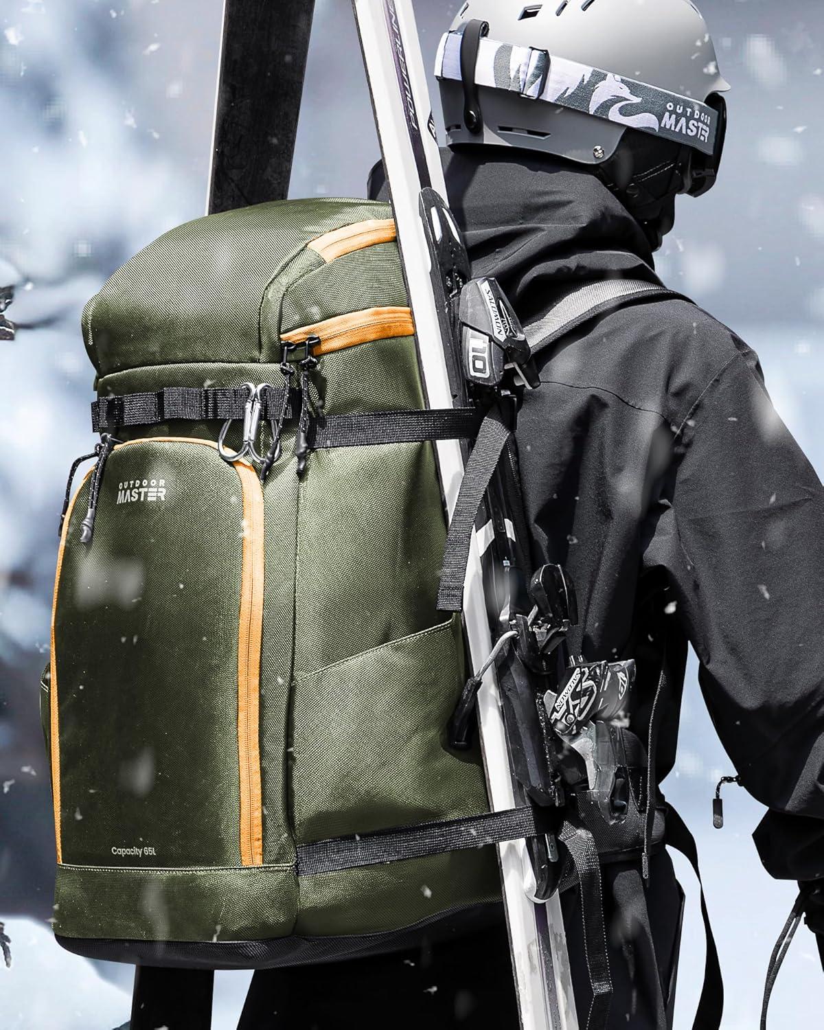 imageOutdoorMaster Ski Boot Bag 65L Snowboard Boots Travel Backpack for Helmet Ski Shoes Goggles Gloves and Accessories Waterproof Exterior ampamp BottomGreen