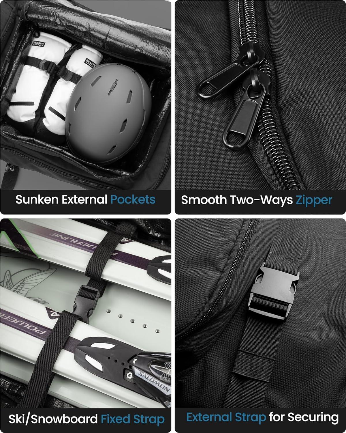 imageOutdoorMaster Update Expandable Padded Ski Bag Snowboard Bag with Wheels SkiSnowboard Travel Bag with WaterResistant Lining Pockets and Removable Shoulder Straps