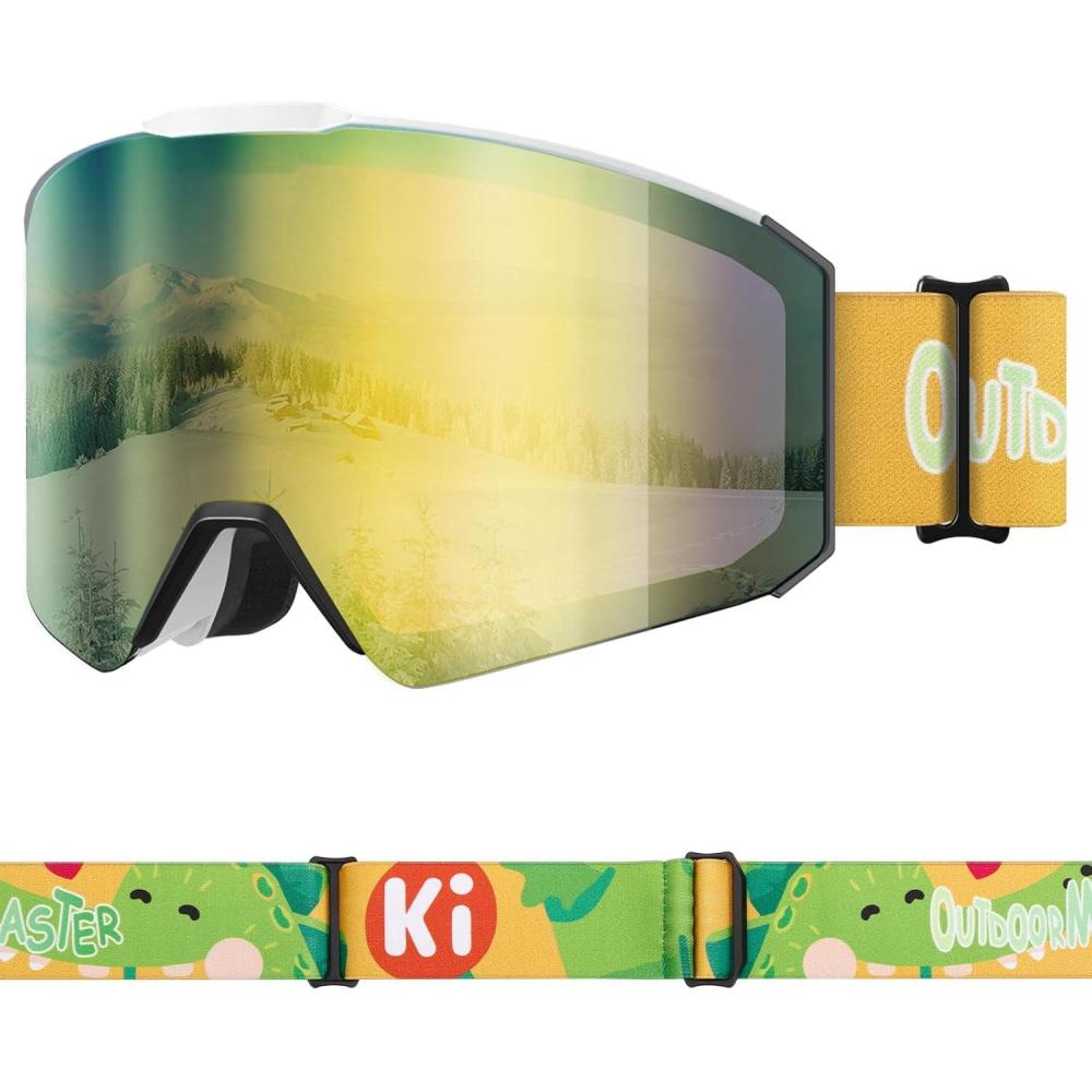 imageOutdoorMaster Falcon Kids Ski GogglesMagnetic Interchangeable Lens Anti Fog UV Protection OTG Snowboard Goggles for YouthA1vlt 12 Grey Lens With Revo Bluedinosaur Strap