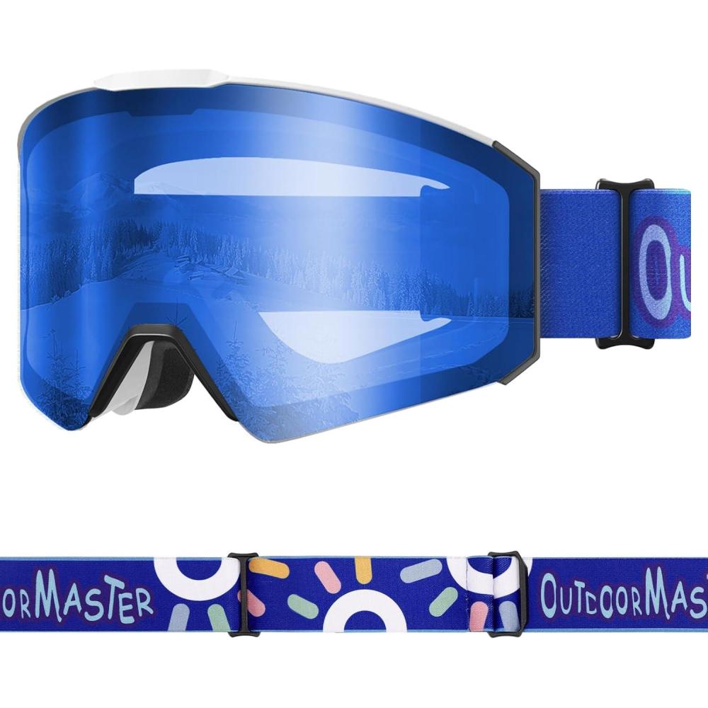 imageOutdoorMaster Falcon Kids Ski GogglesMagnetic Interchangeable Lens Anti Fog UV Protection OTG Snowboard Goggles for YouthA1vlt 28 Dark Blue Lenssun Strap
