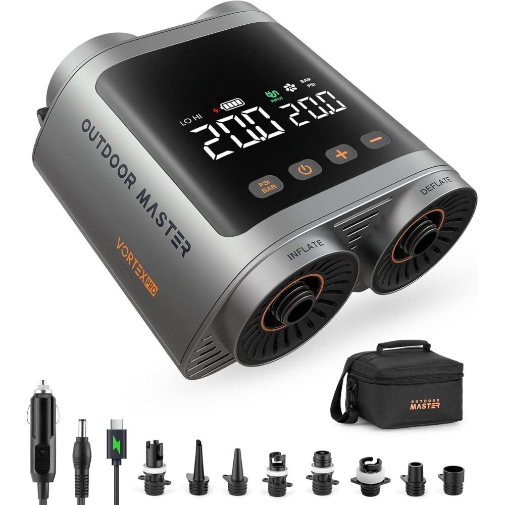 imageOutdoorMaster Vortex Pro 577Wh Rechargeable Paddle Board Pump Portable Electric SUP Pump Battery for 3 SUPs Inflation ampamp Deflation Max 20PSI 12V158V DC ampamp TypeC Input 8 Nozzles for Inflatables