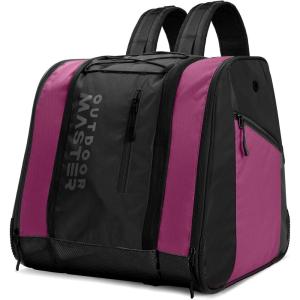 OutdoorMaster 38L Ski Boot Bag, Air Travel Snowboard Boot Backpack with Waterproof Bottom for Ski Helmet, Goggles and Gloves(Rose+Black)