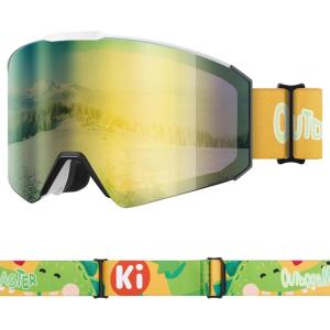 OutdoorMaster Falcon Kids Ski Goggles-Magnetic Interchangeable Lens, Anti Fog UV Protection OTG Snowboard Goggles for Youth(A1-vlt 12% Grey Lens With Revo Blue+dinosaur Strap)