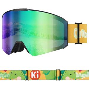 OutdoorMaster Falcon Kids Ski Goggles-Magnetic Interchangeable Lens, Anti Fog UV Protection OTG Snowboard Goggles for Youth(A1-vlt 17% Grey Lens With Revo Green+dinosaur Strap)