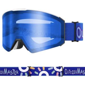 OutdoorMaster Falcon Kids Ski Goggles-Magnetic Interchangeable Lens, Anti Fog UV Protection OTG Snowboard Goggles for Youth(A1-vlt 28% Dark Blue Lens+sun Strap)
