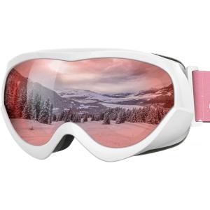 OutdoorMaster Kids Ski Goggles – Helmet Compatible Snow Goggles for Boys & Girls with 100% UV Protection(Vlt 28% White Frame Rose Red Lens)