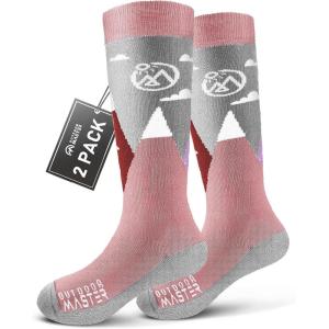 OutdoorMaster Merino Wool Ski Socks for Kids, Boys & Girls, Thermal Winter Warm Snowboarding Socks for Cold Weather(Pink Gray)