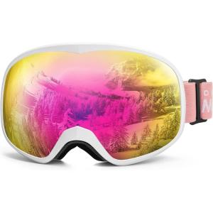 OutdoorMaster Owl Kids Ski Goggles OTG Anti-Fog Snowboard Goggles with 100% UV Protection(White Frame+vlt 13% Revo Pink)
