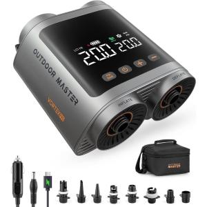 OutdoorMaster Vortex Pro 57.7Wh Rechargeable Paddle Board Pump Portable, Electric SUP Pump Battery for 3 SUPs Inflation & Deflation, Max 20PSI 12V/15.8V DC & Type-C Input, 8 Nozzles for Inflatables