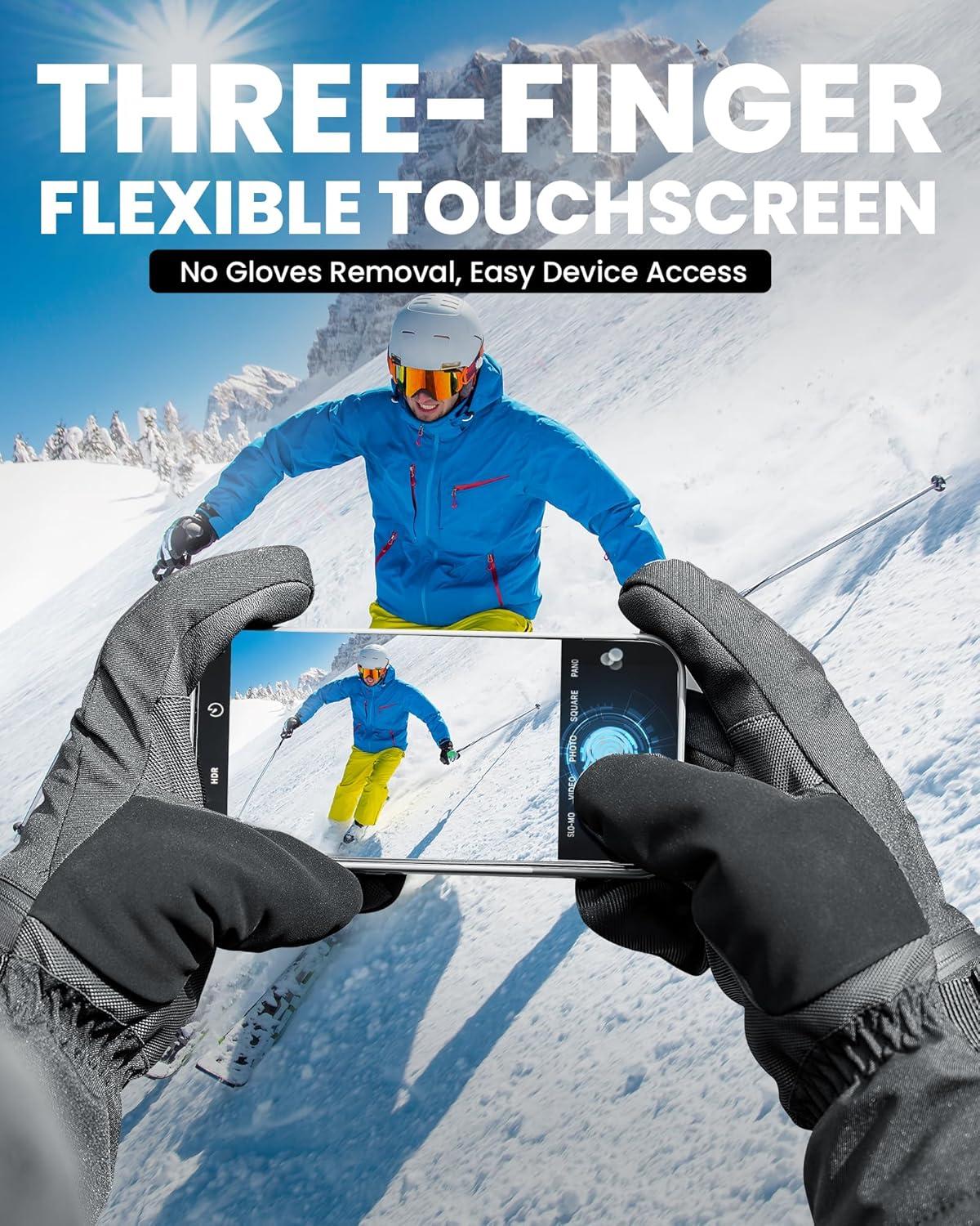 imageOutdoorMaster 3Finger Ski Snow Gloves for Women ampamp Men Winter Warm Snowboard Ski Mittens Screen Touch Thermal Waterproof with DoublePocket for Cold Weather Sports Skiing SnowboardingBlackGray