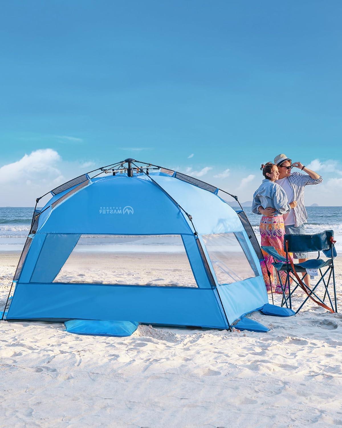 imageOutdoorMaster Beach Tent Sun Shelter for 34 Person Pop Up Beach Tent Easy Setup with Sandbags Portable Sun Shade Canopy with Carrying Bag for Beach ampamp Outdoor UPF50 UV Protection Family SizeBlue
