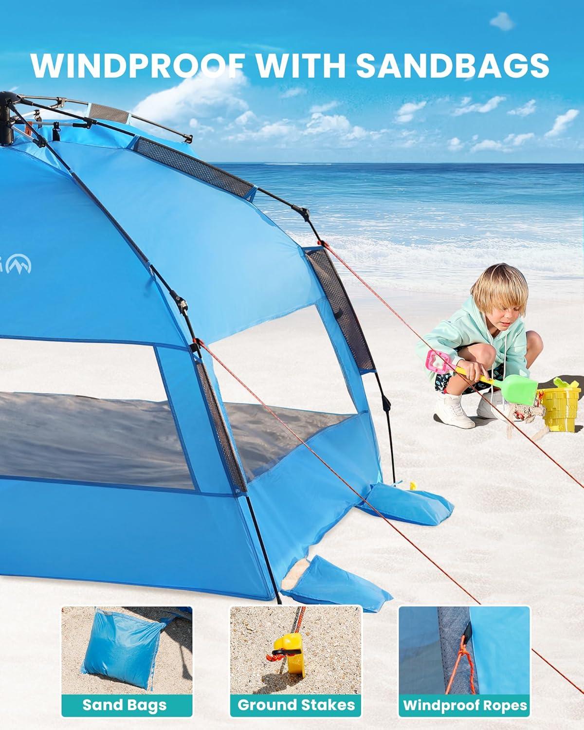 imageOutdoorMaster Beach Tent Sun Shelter for 34 Person Pop Up Beach Tent Easy Setup with Sandbags Portable Sun Shade Canopy with Carrying Bag for Beach ampamp Outdoor UPF50 UV Protection Family SizeBlue