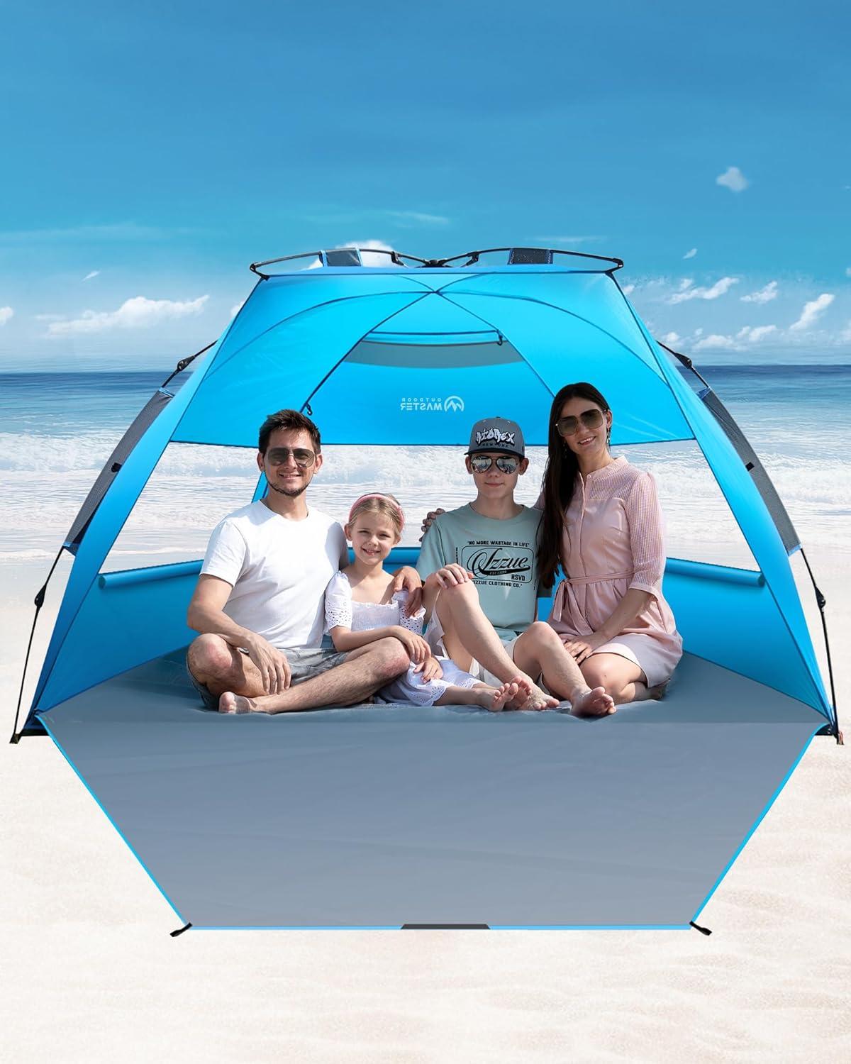 imageOutdoorMaster Beach Tent Sun Shelter for 34 Person Pop Up Beach Tent Easy Setup with Sandbags Portable Sun Shade Canopy with Carrying Bag for Beach ampamp Outdoor UPF50 UV Protection Family SizeBlue