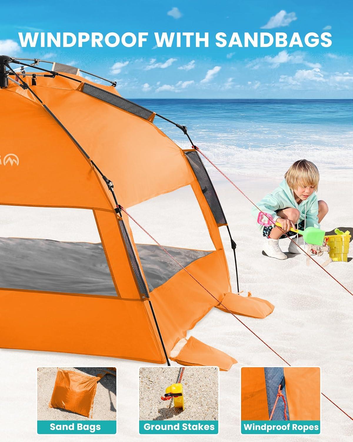 imageOutdoorMaster Beach Tent Sun Shelter for 34 Person Pop Up Beach Tent Easy Setup with Sandbags Portable Sun Shade Canopy with Carrying Bag for Beach ampamp Outdoor UPF50 UV Protection Family SizeOrange
