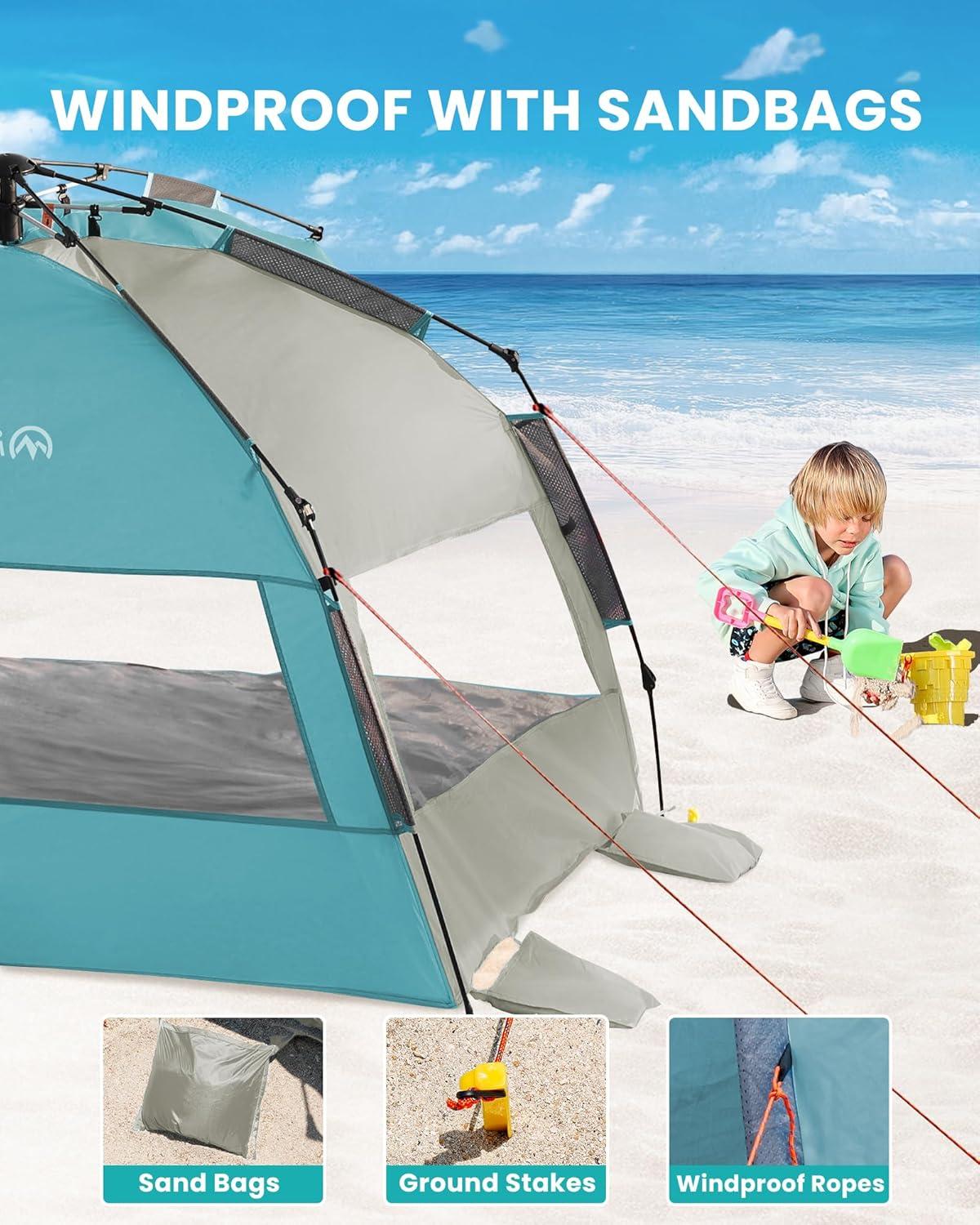 imageOutdoorMaster Beach Tent Sun Shelter for 34 Person Pop Up Beach Tent Easy Setup with Sandbags Portable Sun Shade Canopy with Carrying Bag for Beach ampamp Outdoor UPF50 UV Protection Family SizeCancun Seashore