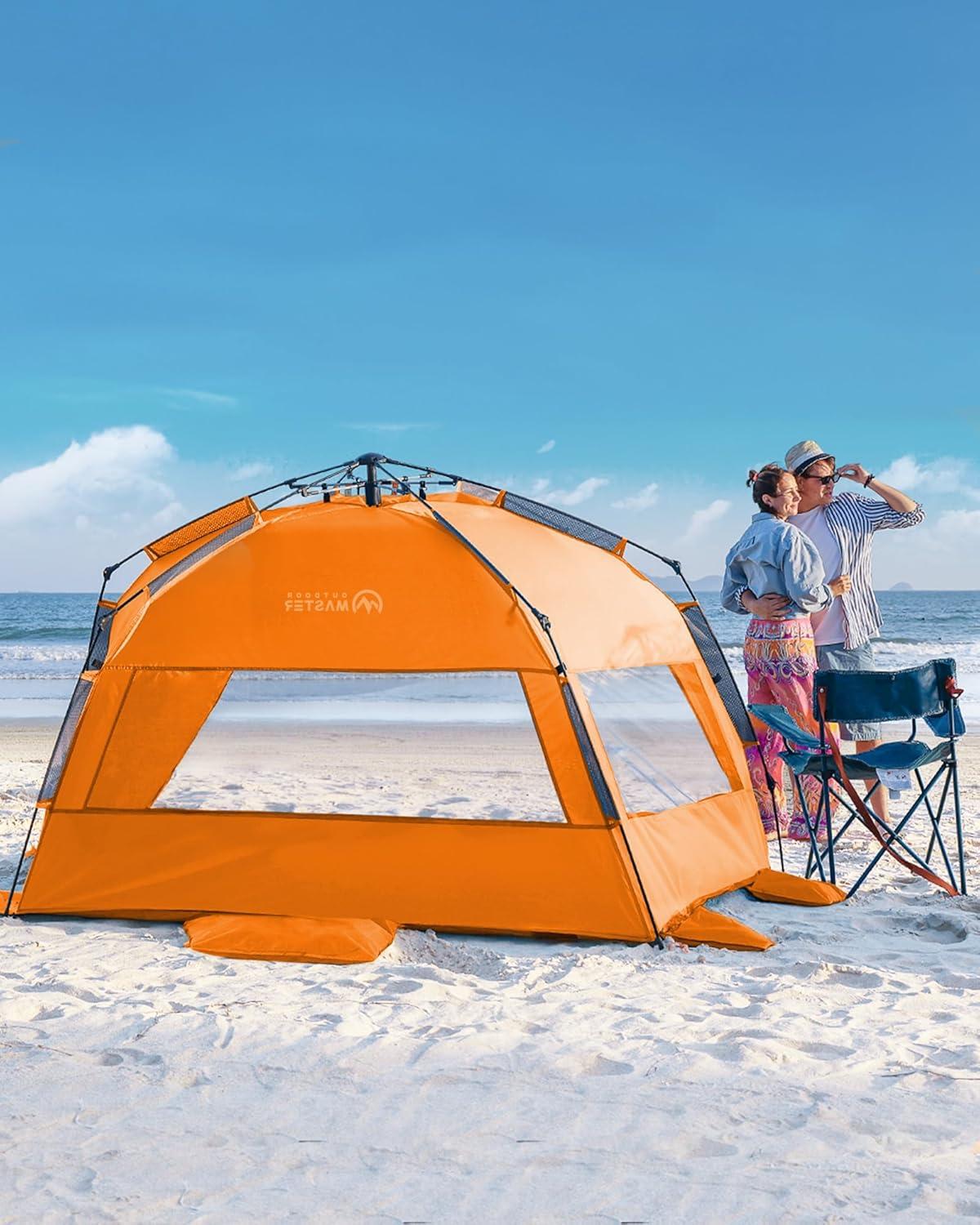imageOutdoorMaster Beach Tent Sun Shelter for 34 Person Pop Up Beach Tent Easy Setup with Sandbags Portable Sun Shade Canopy with Carrying Bag for Beach ampamp Outdoor UPF50 UV Protection Family SizeOrange