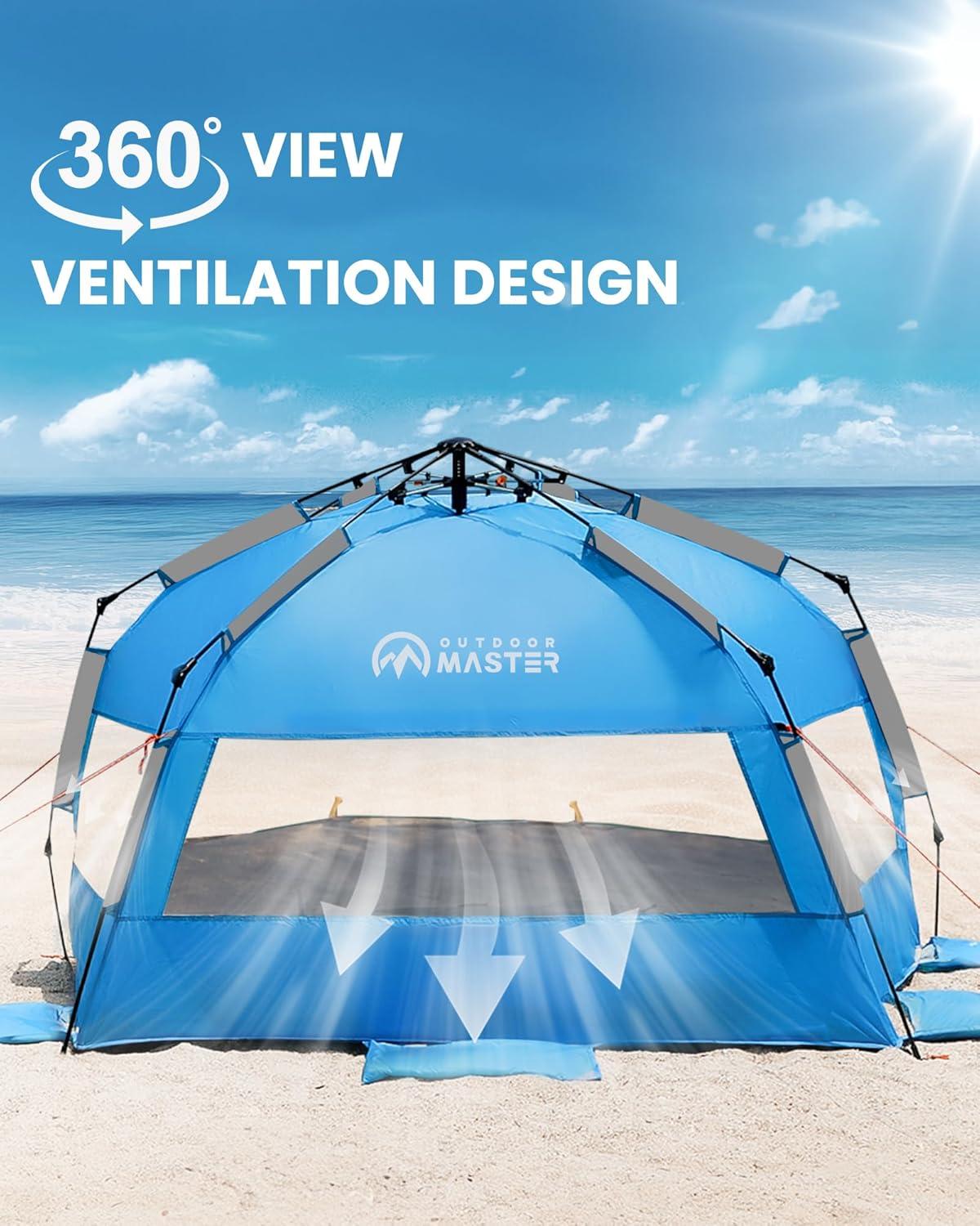imageOutdoorMaster Beach Tent with Blackout Shelter Technology Portable Sun Shade Shelter 4 Person Pop Up Beach Tents with UPF 50 UV Protection 95mm Thick Pole 3 Ventilating Mesh Windows GreenBlue