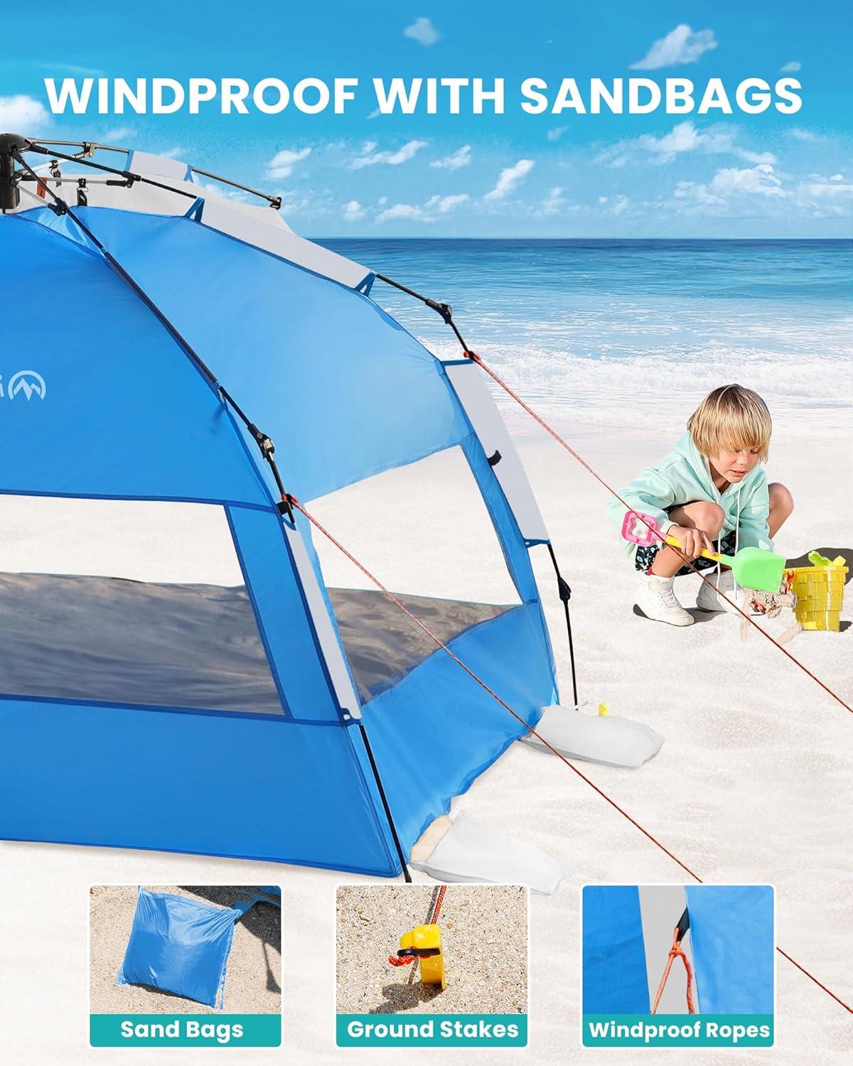 imageOutdoorMaster Beach Tent with Blackout Shelter Technology Portable Sun Shade Shelter 4 Person Pop Up Beach Tents with UPF 50 UV Protection 95mm Thick Pole 3 Ventilating Mesh Windows GreenOcracoke Coast