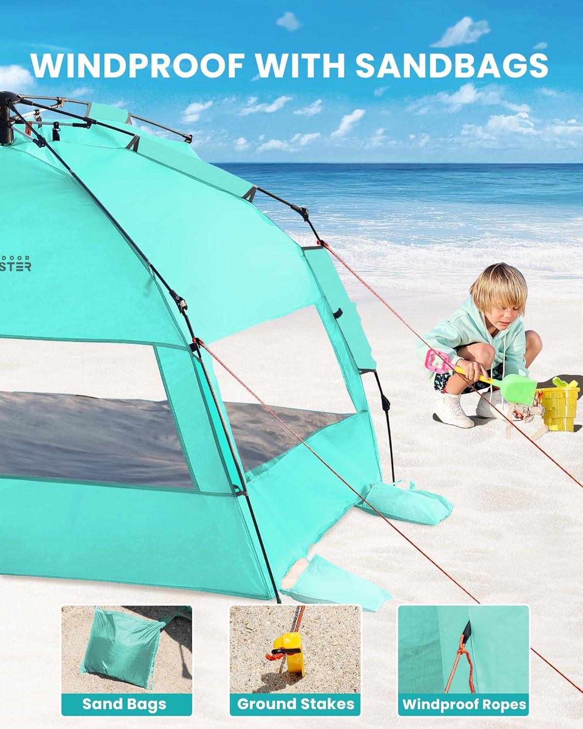 imageOutdoorMaster Beach Tent with Blackout Shelter Technology Portable Sun Shade Shelter 4 Person Pop Up Beach Tents with UPF 50 UV Protection 95mm Thick Pole 3 Ventilating Mesh Windows GreenGreen