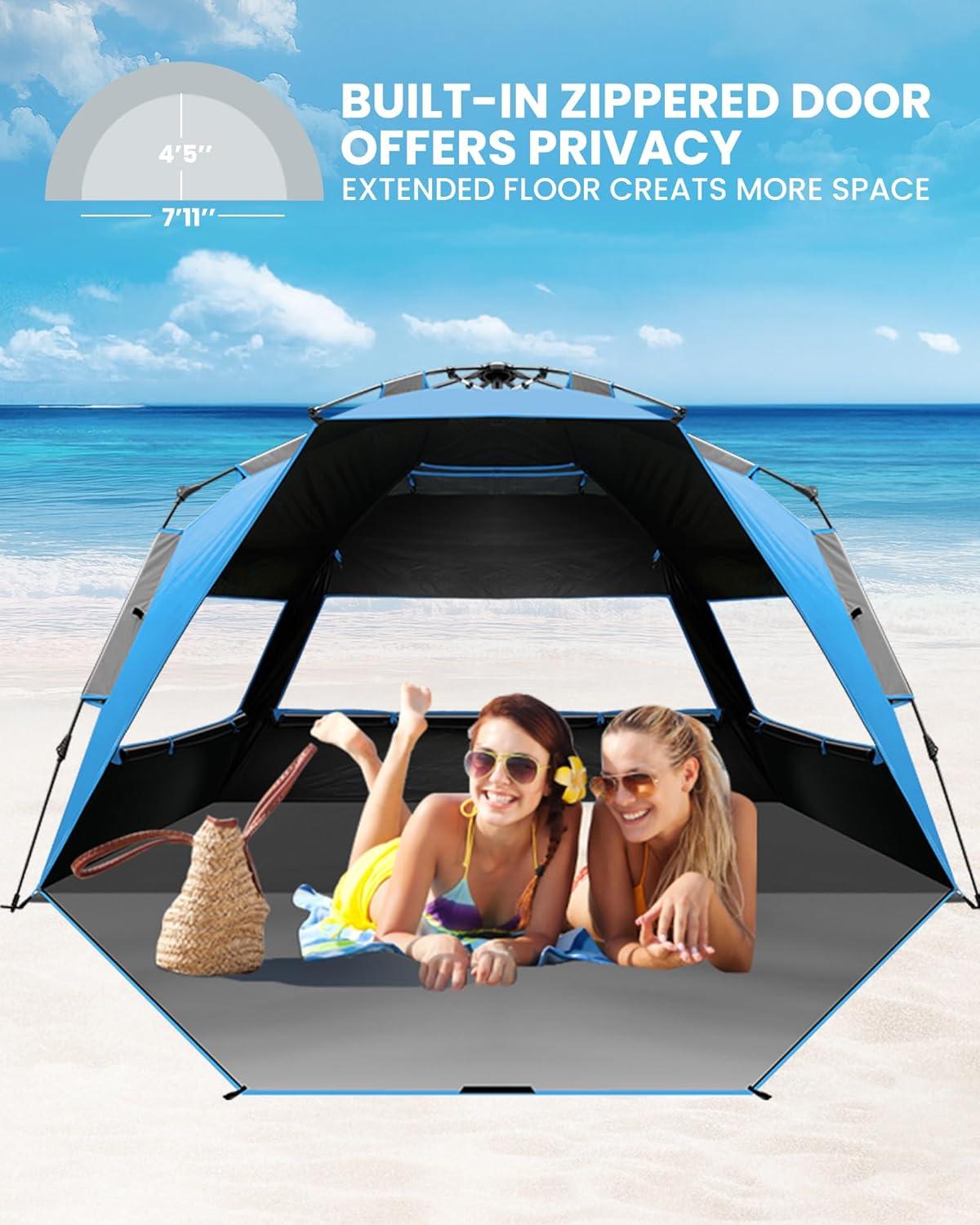 imageOutdoorMaster Beach Tent with Blackout Shelter Technology Portable Sun Shade Shelter 4 Person Pop Up Beach Tents with UPF 50 UV Protection 95mm Thick Pole 3 Ventilating Mesh Windows GreenBlue