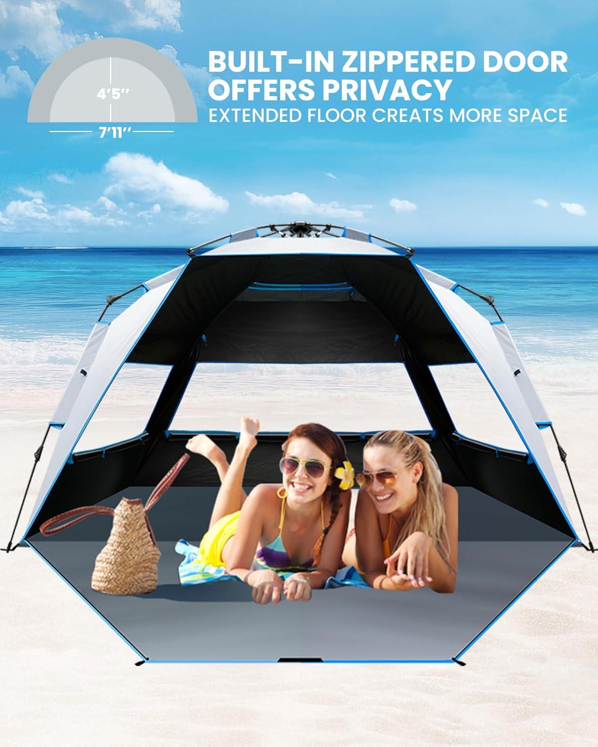 imageOutdoorMaster Beach Tent with Blackout Shelter Technology Portable Sun Shade Shelter 4 Person Pop Up Beach Tents with UPF 50 UV Protection 95mm Thick Pole 3 Ventilating Mesh Windows GreenOcracoke Coast