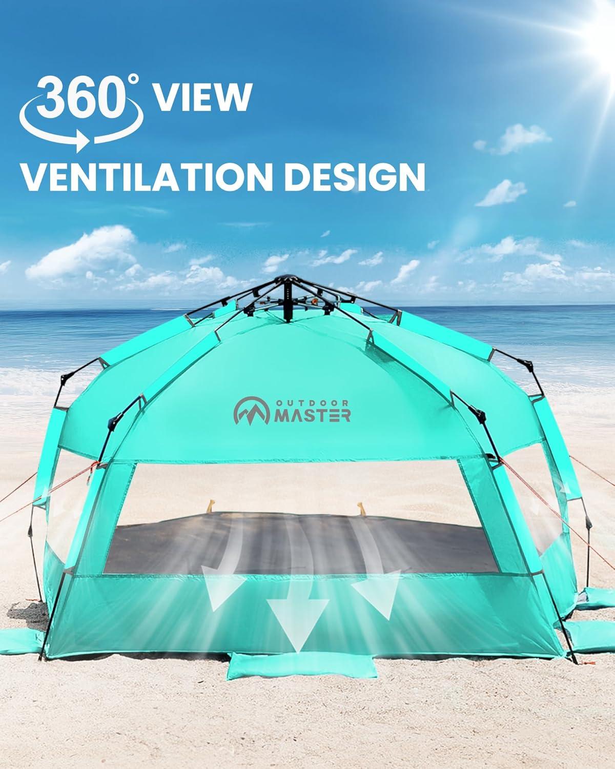 imageOutdoorMaster Beach Tent with Blackout Shelter Technology Portable Sun Shade Shelter 4 Person Pop Up Beach Tents with UPF 50 UV Protection 95mm Thick Pole 3 Ventilating Mesh Windows GreenGreen