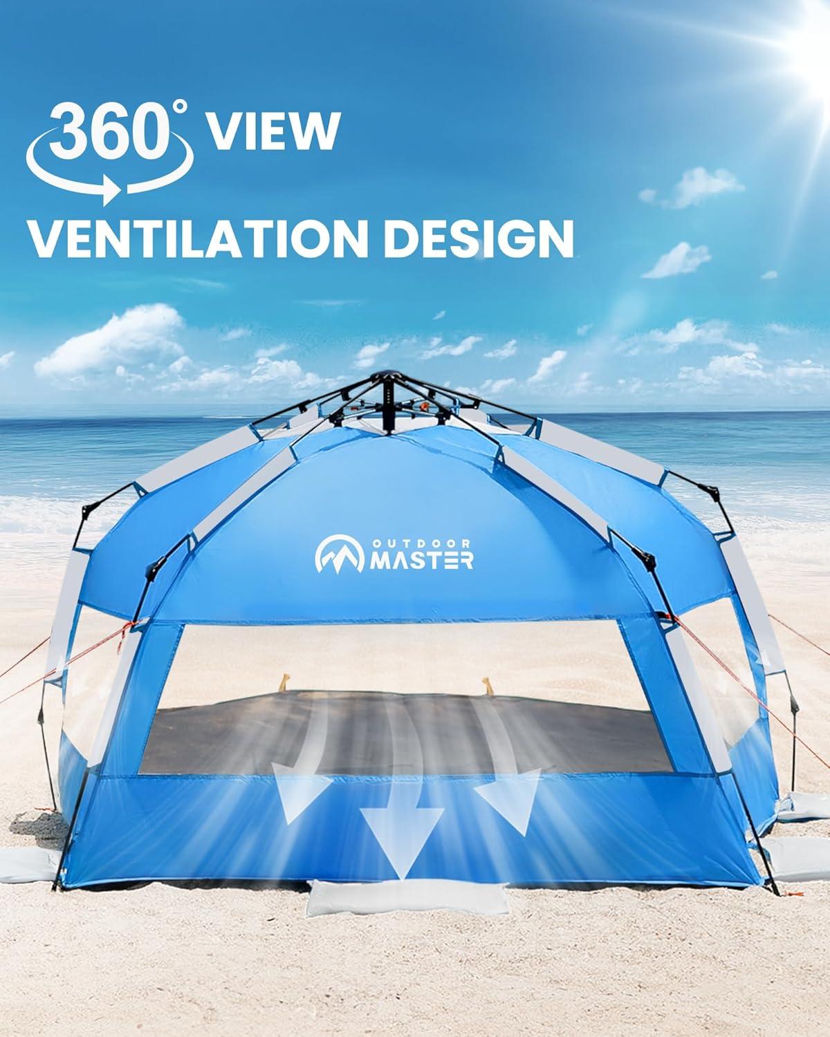 imageOutdoorMaster Beach Tent with Blackout Shelter Technology Portable Sun Shade Shelter 4 Person Pop Up Beach Tents with UPF 50 UV Protection 95mm Thick Pole 3 Ventilating Mesh Windows GreenOcracoke Coast