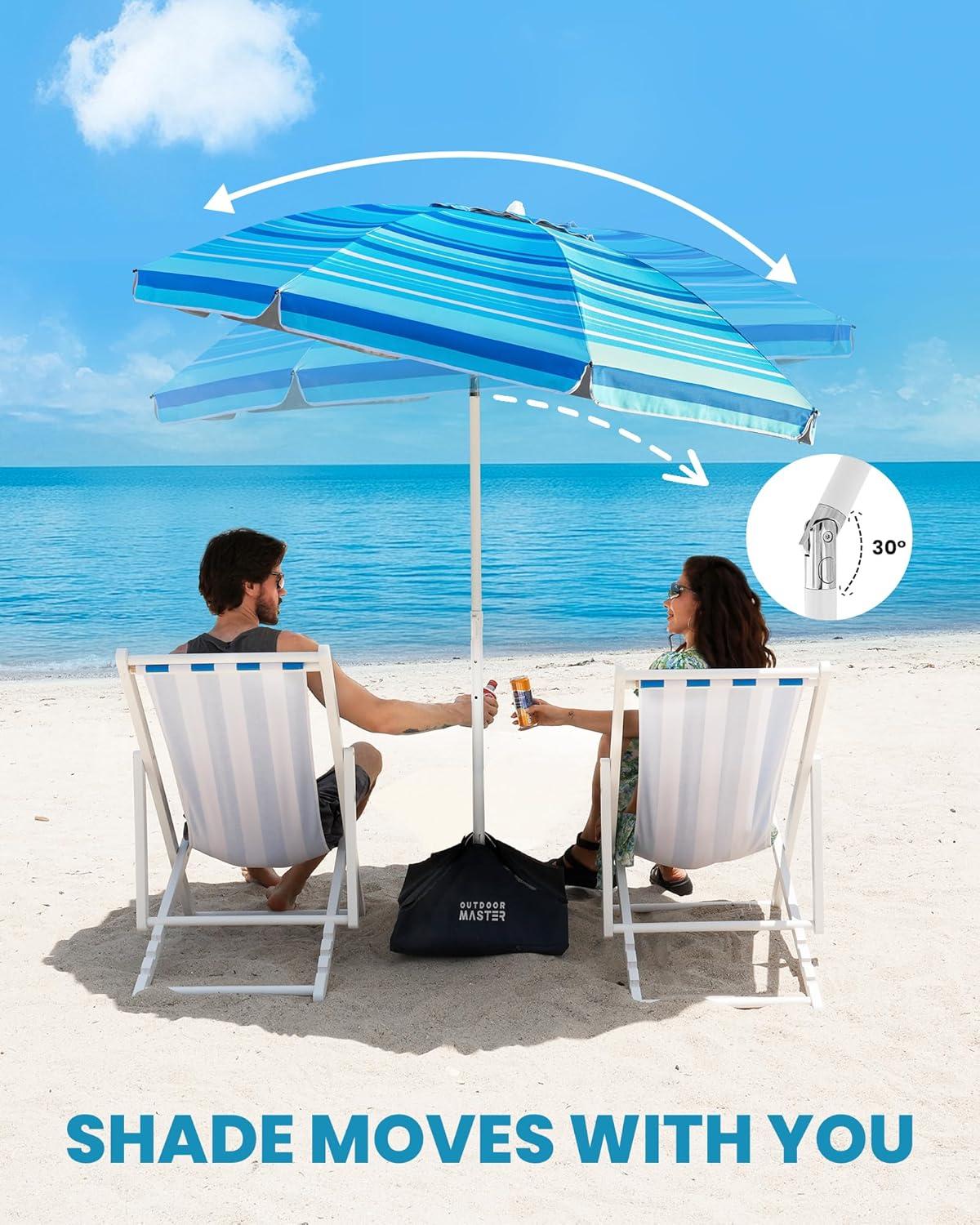 imageOutdoorMaster Beach Umbrellas for Sand with Sandbag ampamp Anchor 65ft Adjustable Umbrella for Beach Heavy Duty Wind Portable UPF50 Sunshade with Carry Bag for Patio Light Blue StripedA03 Light Blue Striped