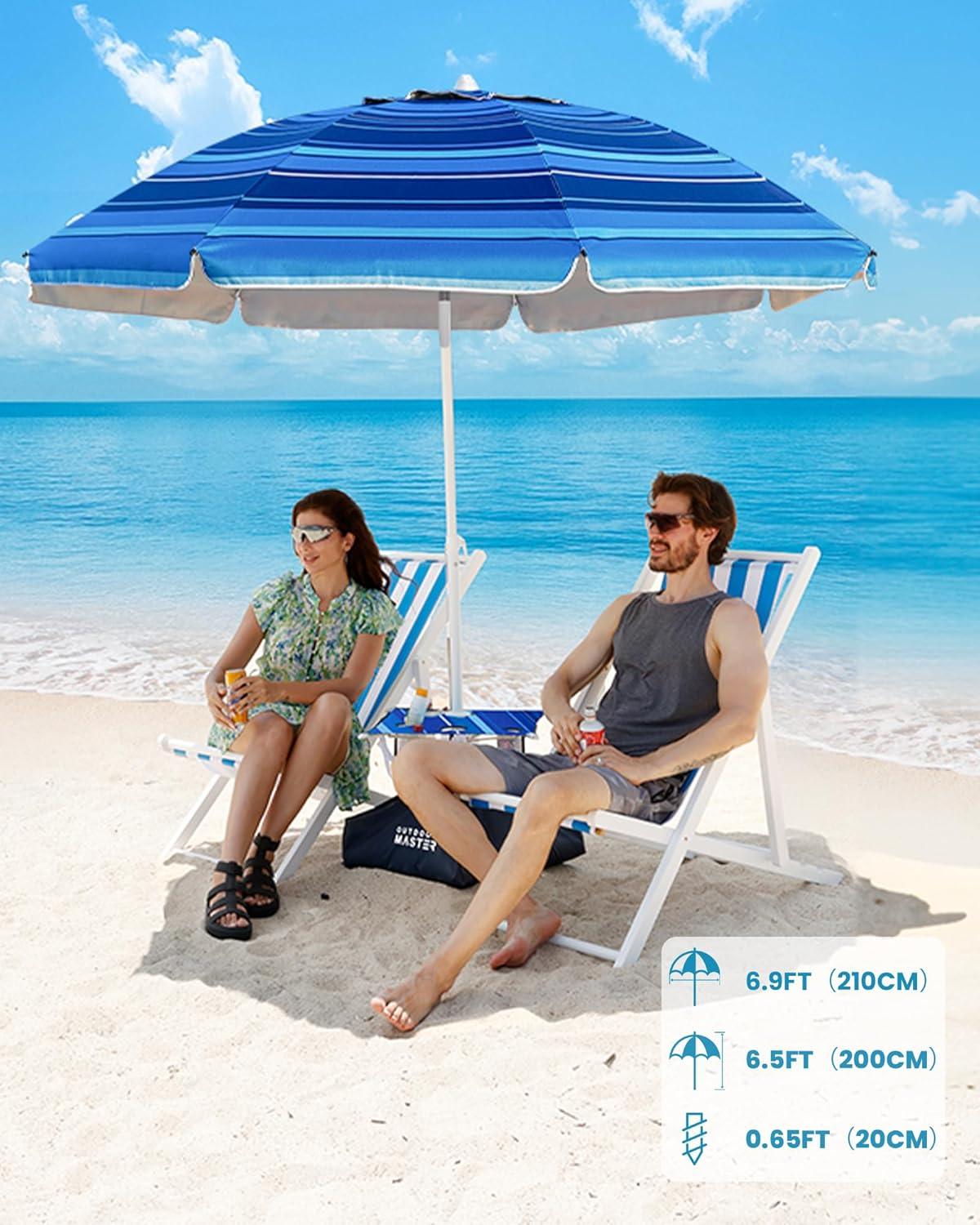 imageOutdoorMaster Beach Umbrellas for Sand with Sandbag ampamp Anchor 65ft Adjustable Umbrella for Beach Heavy Duty Wind Portable UPF50 Sunshade with Carry Bag for Patio Light Blue StripedNew VersionDark Blue Striped with Cup Holder
