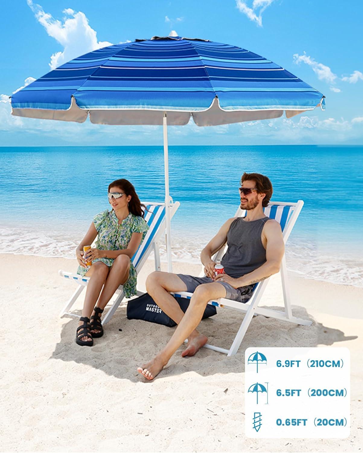 imageOutdoorMaster Beach Umbrellas for Sand with Sandbag ampamp Anchor 65ft Adjustable Umbrella for Beach Heavy Duty Wind Portable UPF50 Sunshade with Carry Bag for Patio Light Blue StripedDark Blue Striped