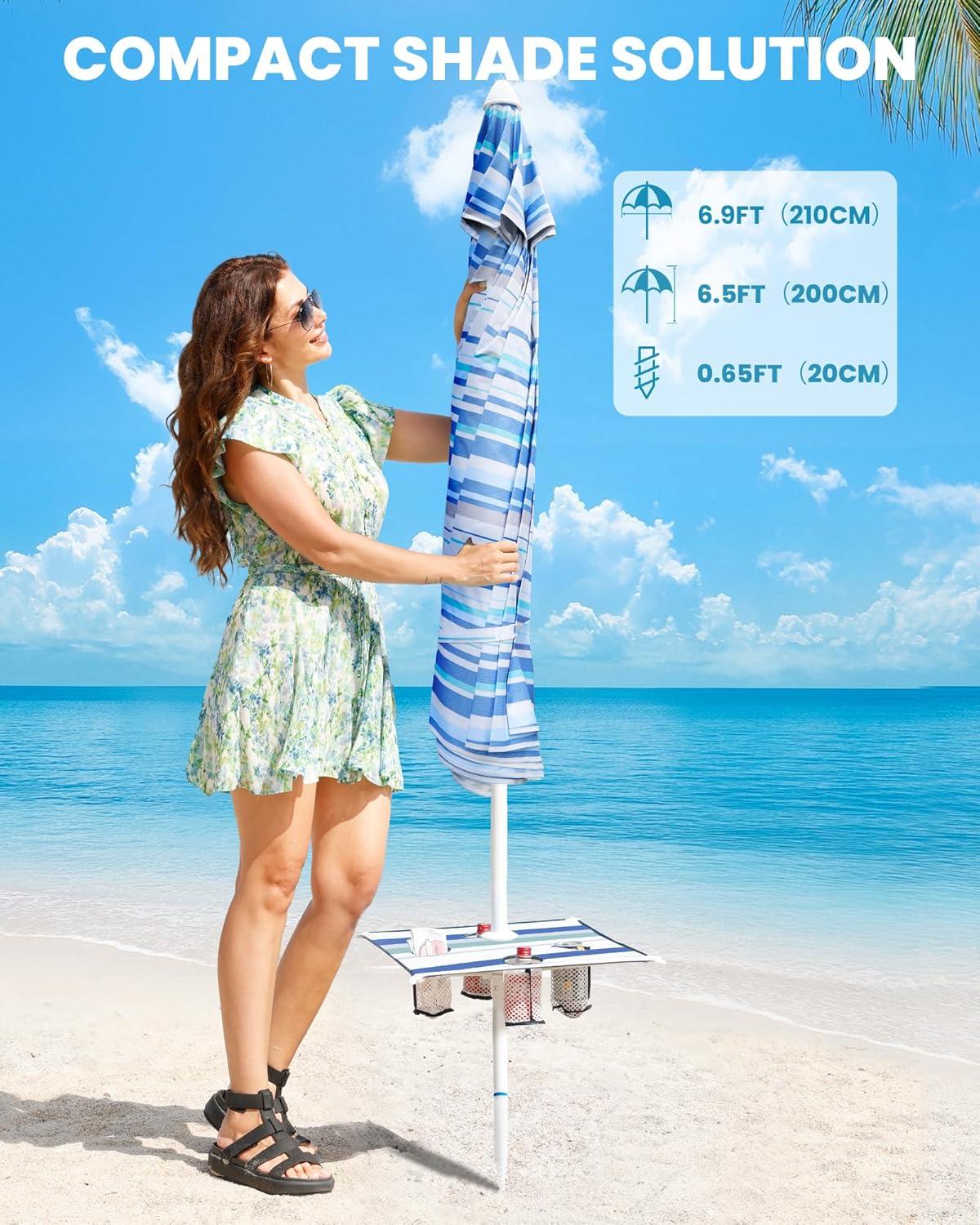imageOutdoorMaster Beach Umbrellas for Sand with Sandbag ampamp Anchor 65ft Adjustable Umbrella for Beach Heavy Duty Wind Portable UPF50 Sunshade with Carry Bag for Patio Light Blue StripedB02 New VersionBlueWhite Striped with Cup Holder