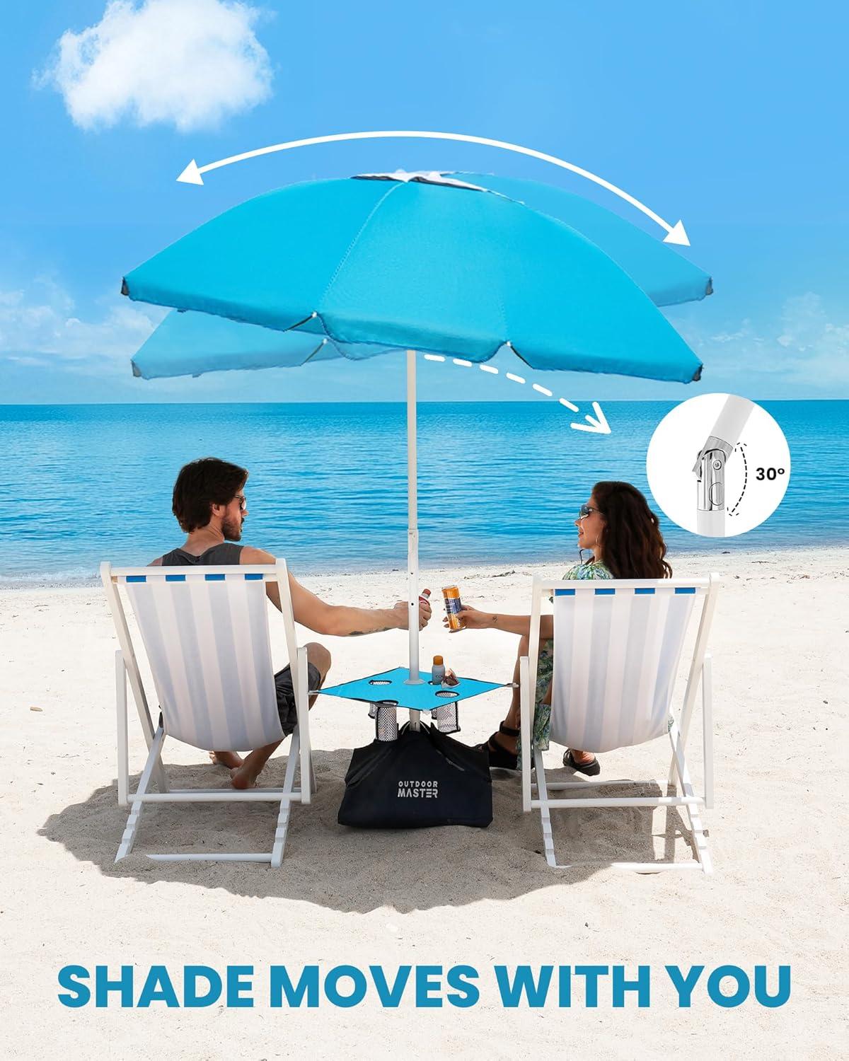 imageOutdoorMaster Beach Umbrellas for Sand with Sandbag ampamp Anchor 65ft Adjustable Umbrella for Beach Heavy Duty Wind Portable UPF50 Sunshade with Carry Bag for Patio Light Blue StripedNew VersionTurquoise with Cup Holder
