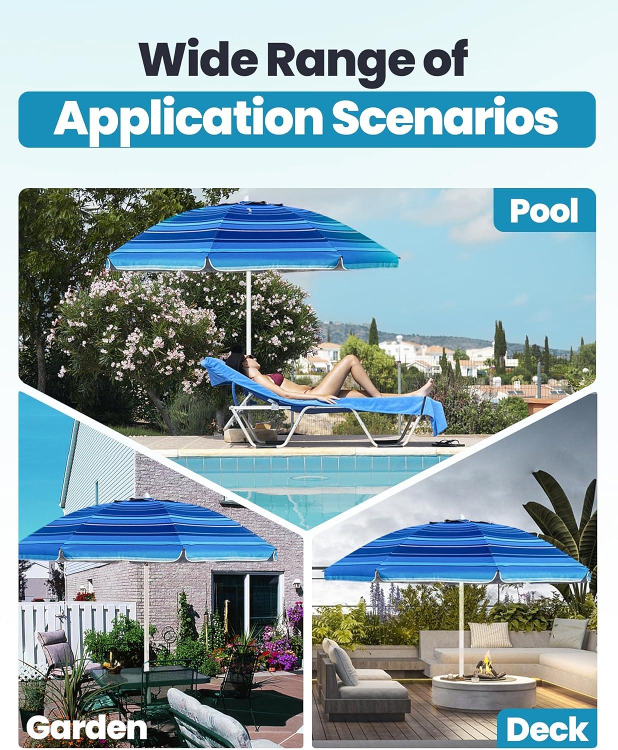 imageOutdoorMaster Beach Umbrellas for Sand with Sandbag ampamp Anchor 65ft Adjustable Umbrella for Beach Heavy Duty Wind Portable UPF50 Sunshade with Carry Bag for Patio Light Blue StripedNew VersionDark Blue Striped with Cup Holder