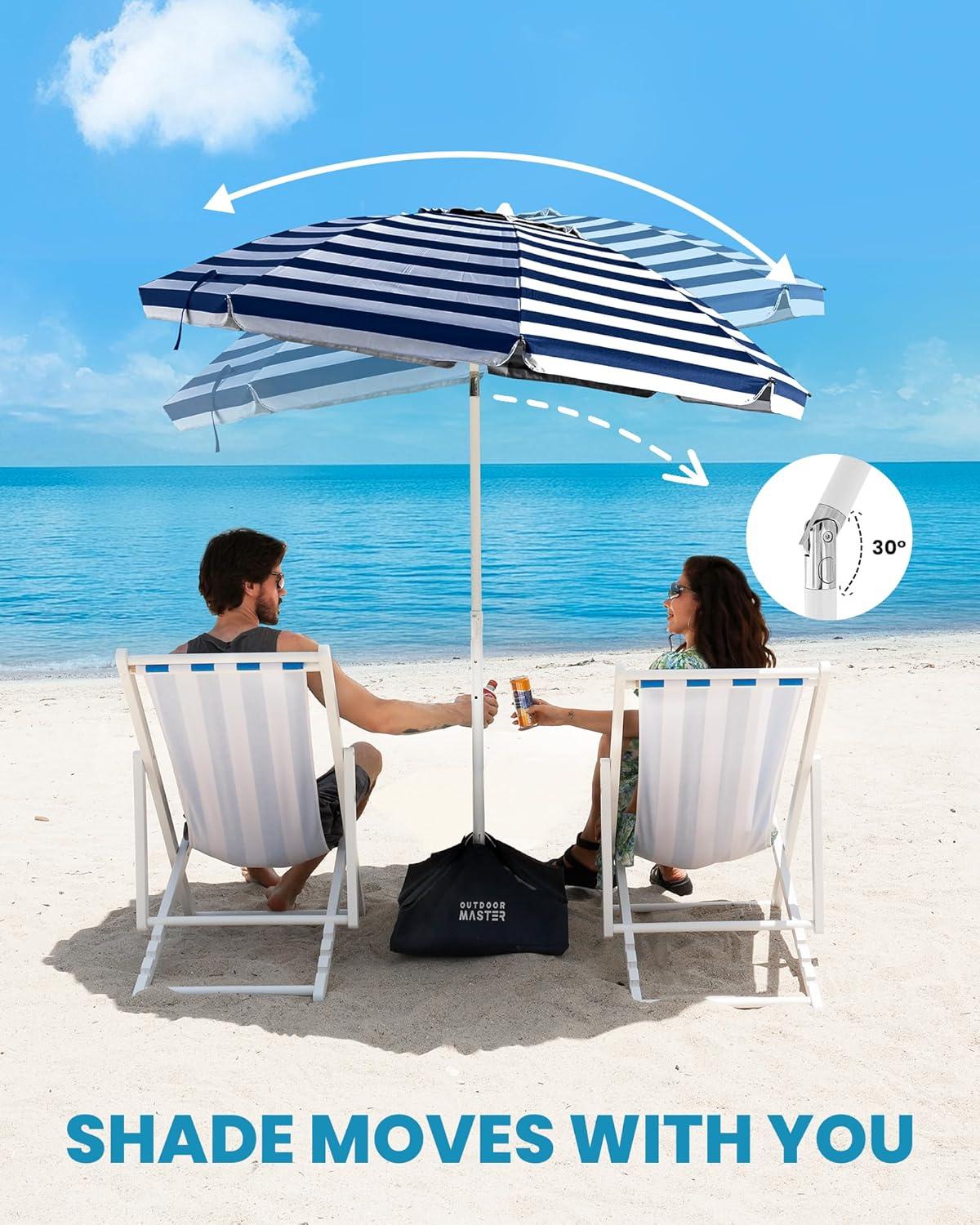 imageOutdoorMaster Beach Umbrellas for Sand with Sandbag ampamp Anchor 65ft Adjustable Umbrella for Beach Heavy Duty Wind Portable UPF50 Sunshade with Carry Bag for Patio Light Blue StripedA01 Navy Striped