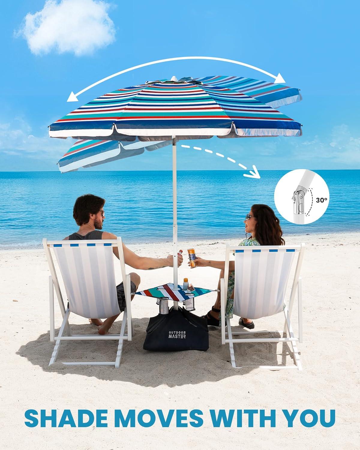 imageOutdoorMaster Beach Umbrellas for Sand with Sandbag ampamp Anchor 65ft Adjustable Umbrella for Beach Heavy Duty Wind Portable UPF50 Sunshade with Carry Bag for Patio Light Blue StripedNew VersionBlueRed Striped with Cup Holder