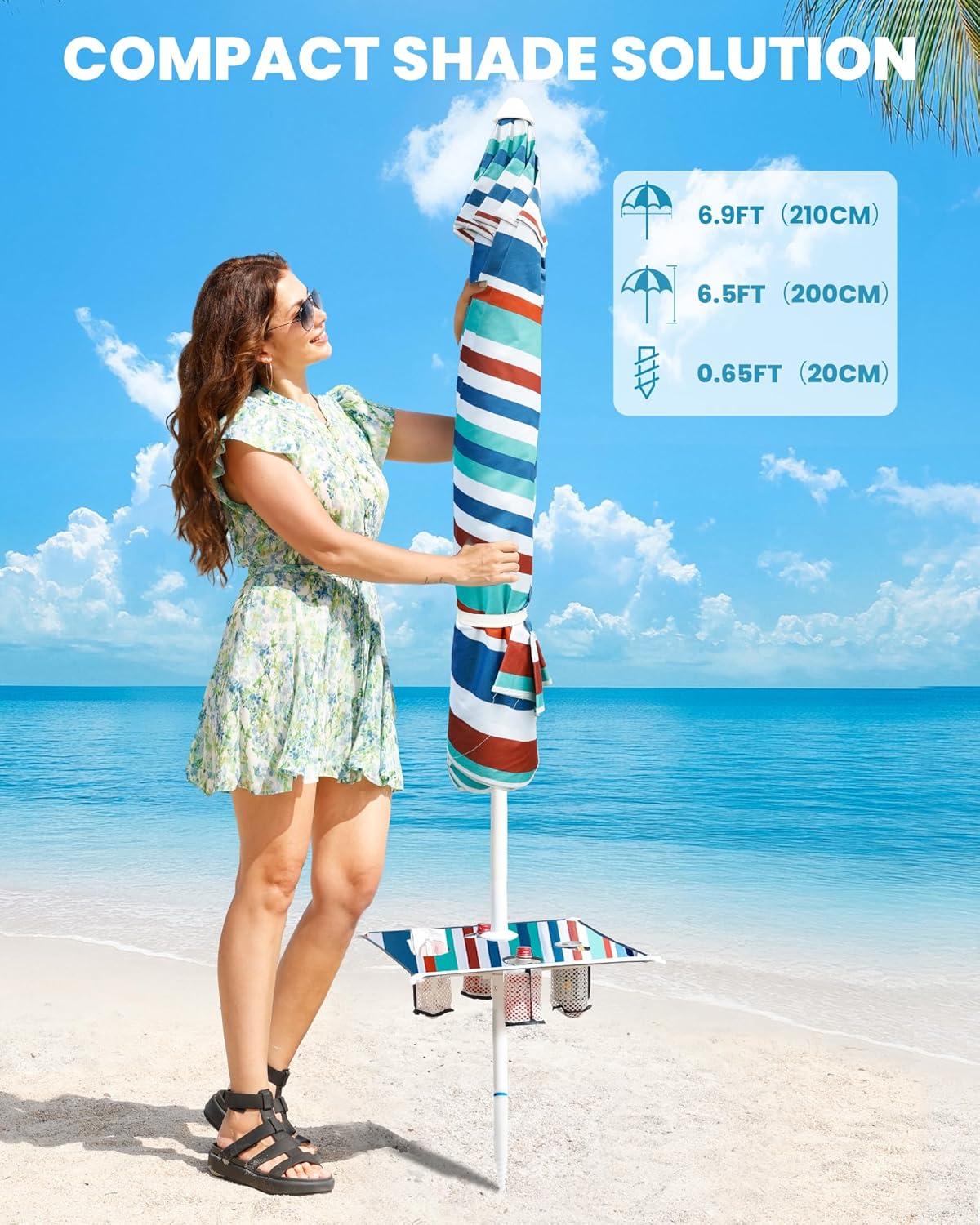 imageOutdoorMaster Beach Umbrellas for Sand with Sandbag ampamp Anchor 65ft Adjustable Umbrella for Beach Heavy Duty Wind Portable UPF50 Sunshade with Carry Bag for Patio Light Blue StripedNew VersionBlueRed Striped with Cup Holder