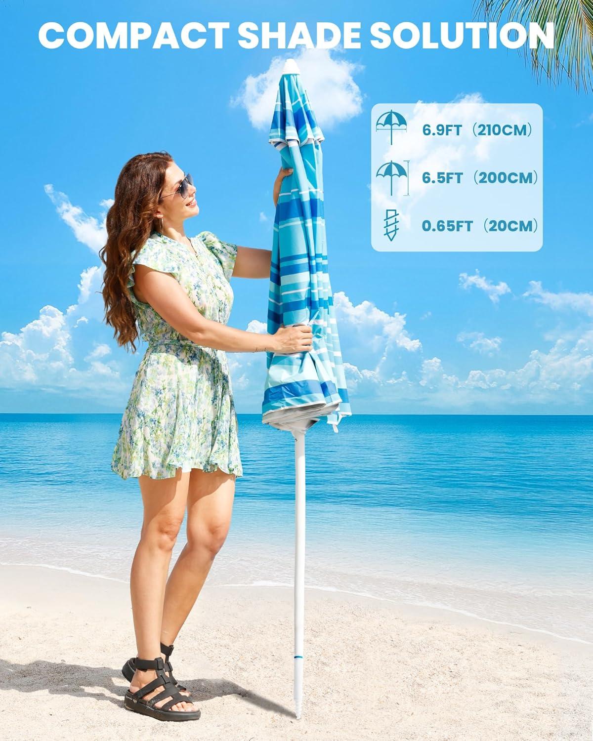 imageOutdoorMaster Beach Umbrellas for Sand with Sandbag ampamp Anchor 65ft Adjustable Umbrella for Beach Heavy Duty Wind Portable UPF50 Sunshade with Carry Bag for Patio Light Blue StripedA03 Light Blue Striped