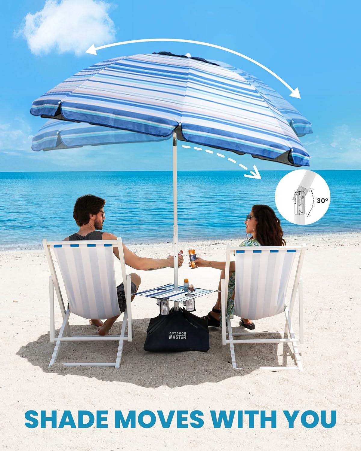 imageOutdoorMaster Beach Umbrellas for Sand with Sandbag ampamp Anchor 65ft Adjustable Umbrella for Beach Heavy Duty Wind Portable UPF50 Sunshade with Carry Bag for Patio Light Blue StripedB02 New VersionBlueWhite Striped with Cup Holder