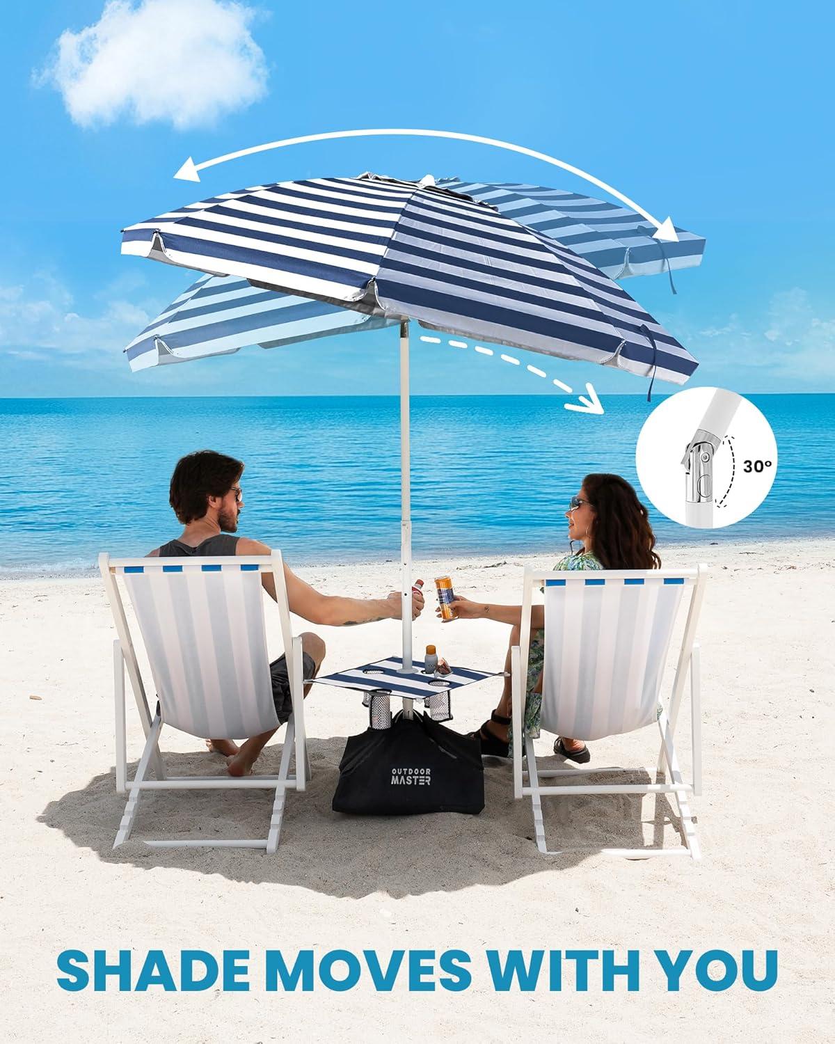 imageOutdoorMaster Beach Umbrellas for Sand with Sandbag ampamp Anchor 65ft Adjustable Umbrella for Beach Heavy Duty Wind Portable UPF50 Sunshade with Carry Bag for Patio Light Blue StripedB01 New VersionNavy Striped with Cup Holder
