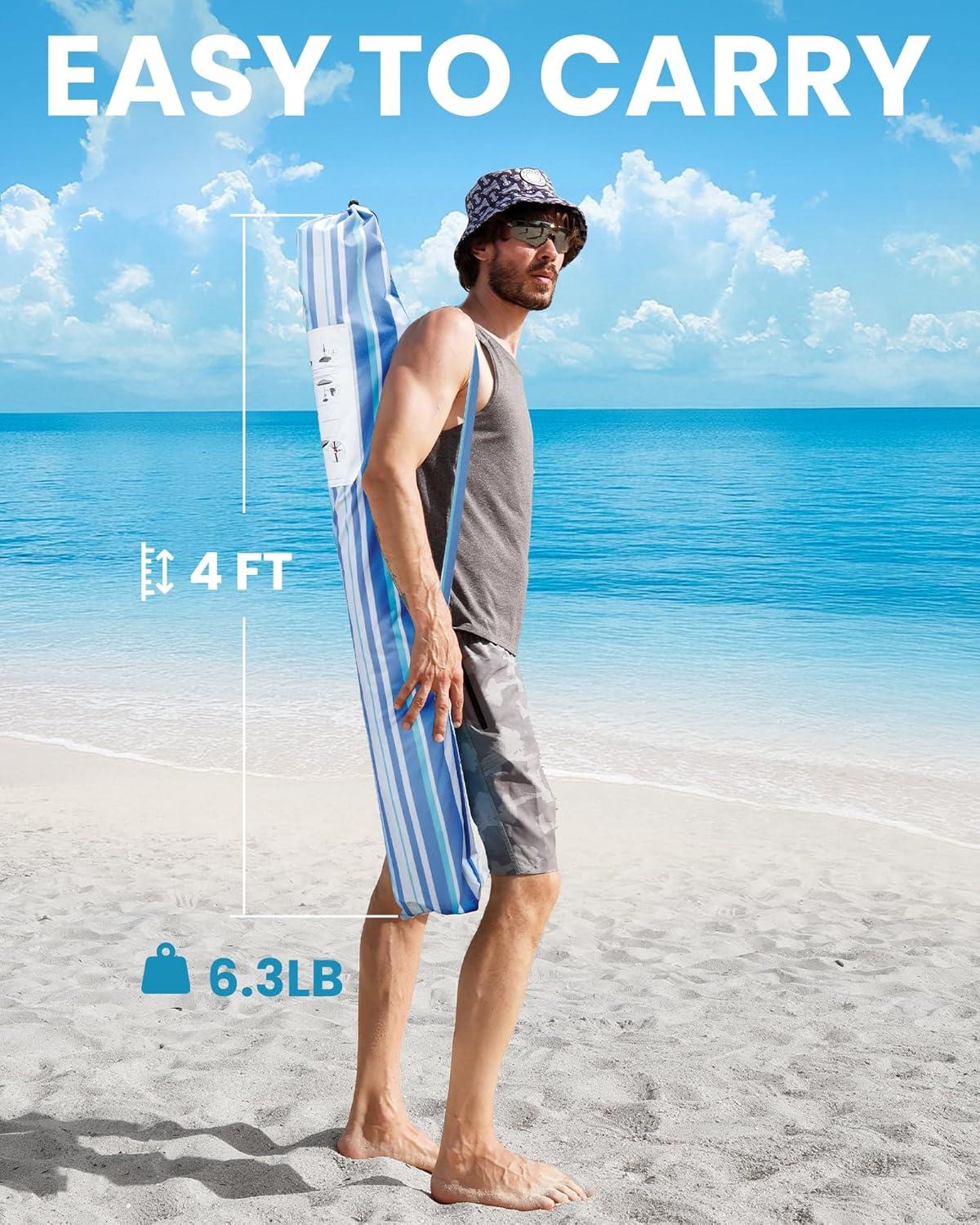 imageOutdoorMaster Beach Umbrellas for Sand with Sandbag ampamp Anchor 65ft Adjustable Umbrella for Beach Heavy Duty Wind Portable UPF50 Sunshade with Carry Bag for Patio Light Blue StripedB02 New VersionBlueWhite Striped with Cup Holder