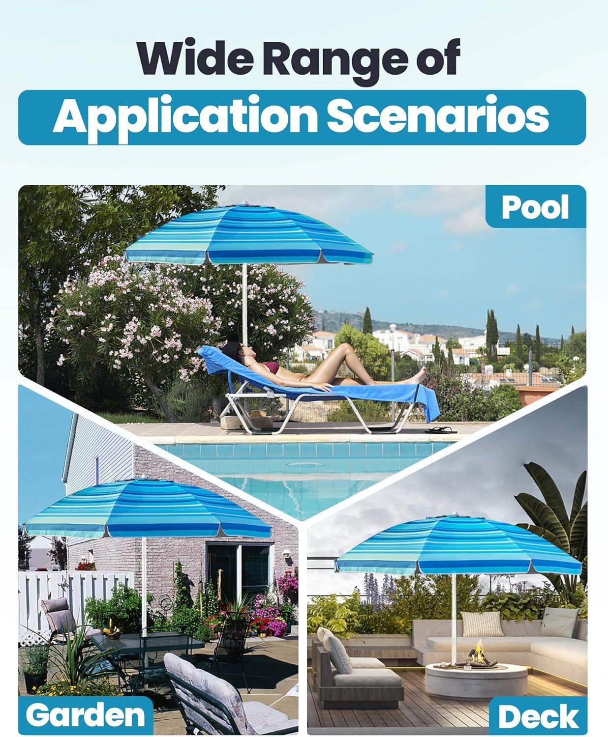 imageOutdoorMaster Beach Umbrellas for Sand with Sandbag ampamp Anchor 65ft Adjustable Umbrella for Beach Heavy Duty Wind Portable UPF50 Sunshade with Carry Bag for Patio Light Blue StripedA03 Light Blue Striped