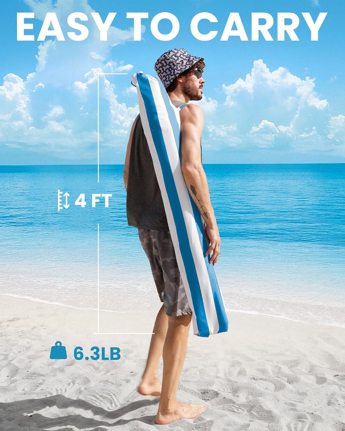 imageOutdoorMaster Beach Umbrellas for Sand with Sandbag ampamp Anchor 65ft Adjustable Umbrella for Beach Heavy Duty Wind Portable UPF50 Sunshade with Carry Bag for Patio Light Blue StripedNew VersionBlue Striped with Cup Holder