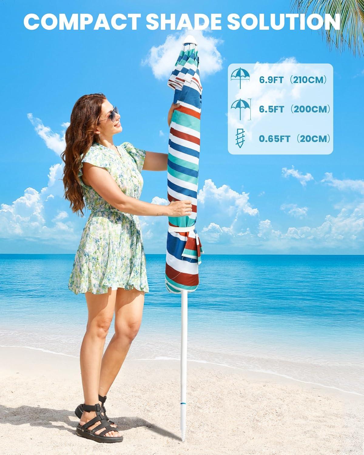imageOutdoorMaster Beach Umbrellas for Sand with Sandbag ampamp Anchor 65ft Adjustable Umbrella for Beach Heavy Duty Wind Portable UPF50 Sunshade with Carry Bag for Patio Light Blue StripedBlueRed Striped