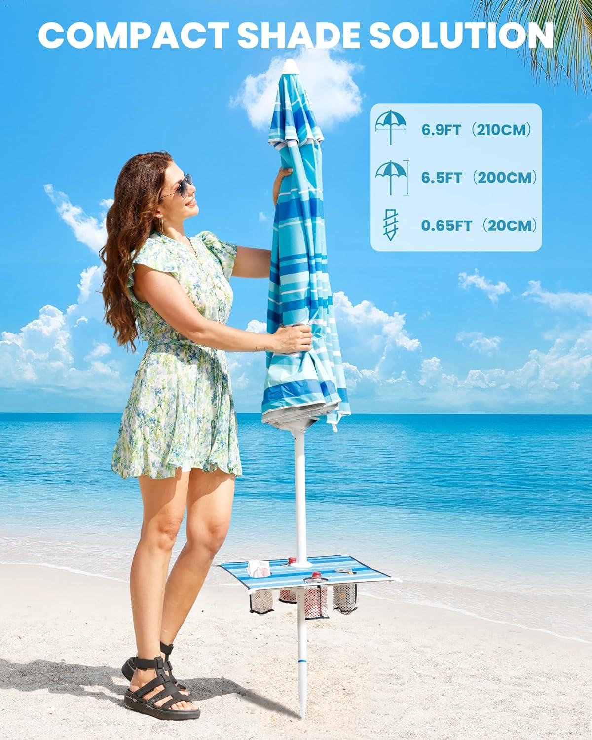 imageOutdoorMaster Beach Umbrellas for Sand with Sandbag ampamp Anchor 65ft Adjustable Umbrella for Beach Heavy Duty Wind Portable UPF50 Sunshade with Carry Bag for Patio Light Blue StripedB03 New VersionLight Blue Striped with Cup Holder