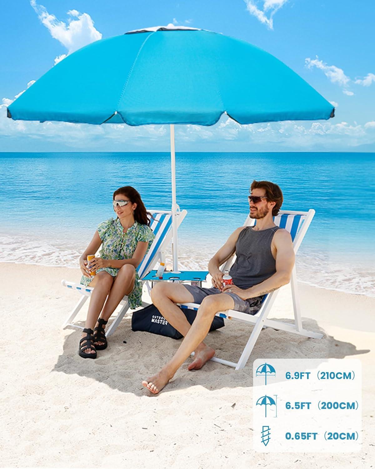 imageOutdoorMaster Beach Umbrellas for Sand with Sandbag ampamp Anchor 65ft Adjustable Umbrella for Beach Heavy Duty Wind Portable UPF50 Sunshade with Carry Bag for Patio Light Blue StripedNew VersionTurquoise with Cup Holder