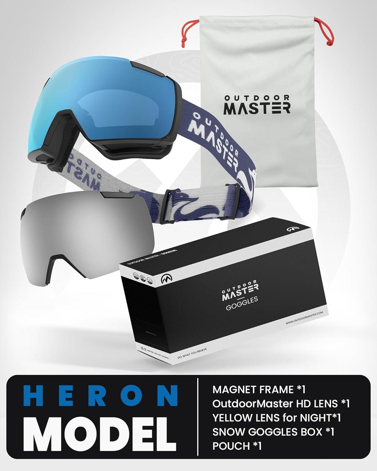 imageOutdoorMaster Heron Ski Goggles with 2 Lens Frameless Magnetic Interchangeable HD Toric Lens OTG Snowboard GogglesAblackframe Lightblue Vlt 80 Silverlens