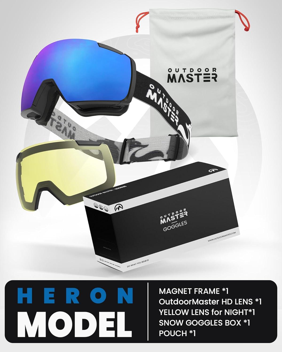 imageOutdoorMaster Heron Ski Goggles with 2 Lens Frameless Magnetic Interchangeable HD Toric Lens OTG Snowboard GogglesAblackframe Revoblue Vlt 15 Yellowlens